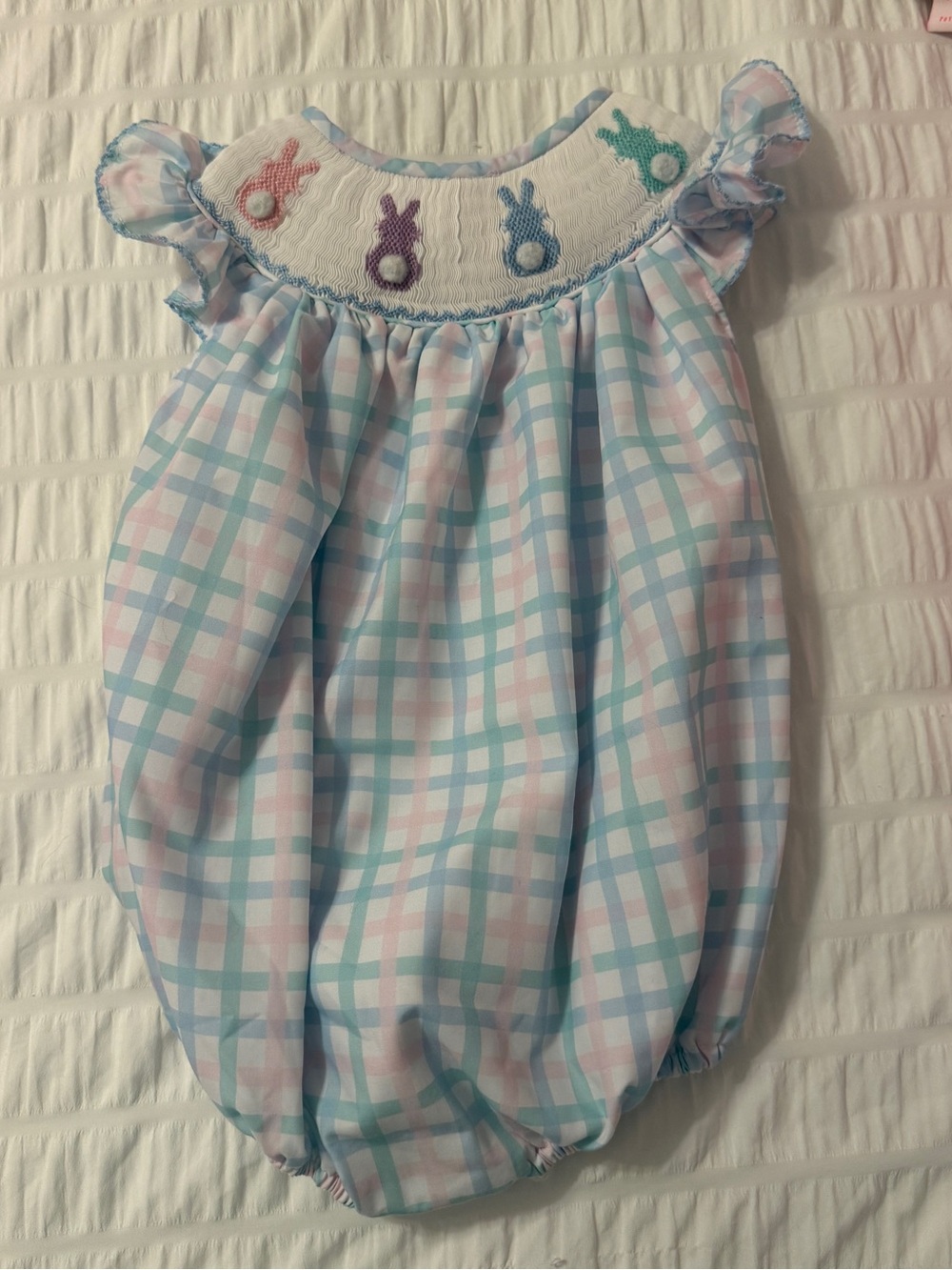 Classic Peep Bunny Pastel Plaid Baby One-Piece Smock - Blue & Pink